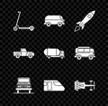 Set Scooter, Retro minivan, Rocket ship with fire, Car, Train, Formula race car, Pickup truck and Tanker icon. Vector Royalty Free Stock Photo