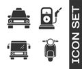 Set Scooter, Taxi car, Bus and Petrol or Gas station icon. Vector