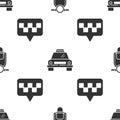 Set Scooter, Taxi car and Map pointer with taxi on seamless pattern. Vector