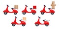 Set of scooter with various types of parcel and package. Vector cartoon illustration of red retro Scooter. Fast Delivery