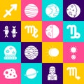 Set Scorpio zodiac, Solstice, Capricorn, Planet Mercury, Virgo, Pisces, Sagittarius and Eclipse of the sun icon. Vector