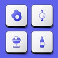 Set Scrambled egg, Chicken leg, Ice cream in the bowl and Bottle of wine icon. White square button. Vector