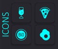 Set Scrambled egg, Wine glass, Slice of pizza and Banner for bio icon. Black square button. Vector