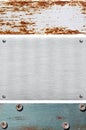 Set of scratched, rusty gray and blue metal, steel, aluminum plates texture with rivets, screws Royalty Free Stock Photo