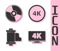 Set Screen tv with 4k, CD or DVD disk, Camera vintage film roll cartridge and 4k Ultra HD icon. Vector Royalty Free Stock Photo