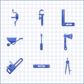 Set Screwdriver, Construction bubble level, Drawing compass, Wooden axe, Chainsaw, Wheelbarrow, Corner ruler and Hand