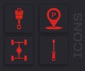 Set Screwdriver, Engine piston, Location with parking and Chassis car icon. Vector Royalty Free Stock Photo