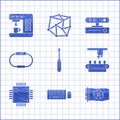 Set Screwdriver, Keyboard and mouse, Video graphic card, Factory conveyor system belt, Processor with microcircuits CPU