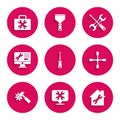 Set Screwdriver, Location with wrench, House repair, Wheel, Hammer, Computer monitor service, and and Toolbox icon