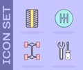 Set Screwdriver and wrench spanner, Car tire wheel, Chassis car and Gear shifter icon. Vector