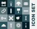 Set Screwdriver, Wrench spanner, Hand saw, Worker safety helmet, Ruler, Gear, Road barrier and Putty knife icon. Vector