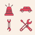 Set Screwdriver and wrench tools, Flasher siren, Car and Wrench icon. Vector Royalty Free Stock Photo