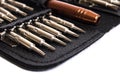 A set of screwdrivers in a leather case isolated on wite background Royalty Free Stock Photo