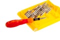 Set of screwdrivers tools instrument in yellow box Royalty Free Stock Photo