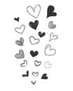 Set of scribble black hearts. Collection of heart shapes draw the hand. Symbol of love. Design elements for decoration.