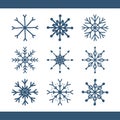 Set of scribble blue snowflake icons in different styles.Design drawing element for decor Christmas card. Cartoon-style on white. Royalty Free Stock Photo