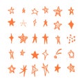 Set of scribble orange stars. Collection of star shapes draw the hand. Vector illustration.
