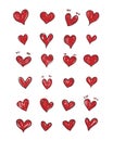 Set of scribble red hearts hand-drawn. Cartoon style. Symbol of love. Sketch doodle. Royalty Free Stock Photo
