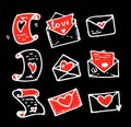 A set of scrolls and envelopes with letters with red hearts. Vintage isolated vector greeting cards and letters white outline with Royalty Free Stock Photo