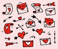 A set of scrolls and envelopes with letters with red hearts. Vintage isolated vector greeting cards and letters white outline with Royalty Free Stock Photo