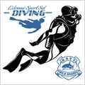 Set of scuba diver silhouette and diving labels Royalty Free Stock Photo