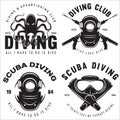 Set of Scuba diving club, school badges, design elements. Concept for shirt or logo, print. Vintage typography design