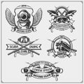 Set of Scuba diving emblems. Underwater swimming and spearfishing labels, logos and design elements. Royalty Free Stock Photo