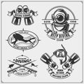 Set of Scuba diving emblems. Underwater swimming and spearfishing labels, logos and design elements. Royalty Free Stock Photo