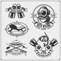 Set of Scuba diving emblems. Underwater swimming and spearfishing labels, logos and design elements.