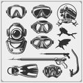 Set of Scuba diving emblems. Underwater swimming and spearfishing labels, logos and design elements. Royalty Free Stock Photo