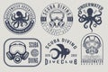 set of scuba diving vintage vector emblems, badges, labels, and logos