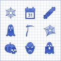 Set Scythe, Vampire, Ghost, Spider web, Pumpkin and skull, Candy and icon. Vector Royalty Free Stock Photo