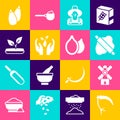 Set Scythe, Windmill, Rolling pin on dough, Farmer hat, Plant hand, Sprout, Seed and Pumpkin seeds icon. Vector