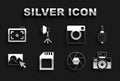 Set SD card, Dust blower, Photo camera with flash, Camera shutter, retouching, and Softbox light icon. Vector Royalty Free Stock Photo