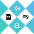 Set SD card, Isometric cube, Bluetooth connected and Money protection icon. Vector