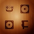 Set SD card, Web camera, Computer cooler and on wooden background. Vector Royalty Free Stock Photo