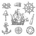 Anchor, wheel, sailing ship, compass rose, spyglass, lighthouse engraving Royalty Free Stock Photo