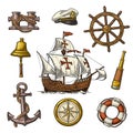 Anchor, wheel, sailing ship, compass rose, spyglass, lighthouse engraving Royalty Free Stock Photo