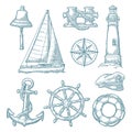 Anchor, wheel, sailing ship, compass rose, lighthouse engraving Royalty Free Stock Photo
