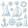 Anchor, wheel, sailing ship, compass rose, shell, crab, lighthouse engraving Royalty Free Stock Photo