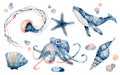 Set of sea animals. Blue watercolor ocean fish, Medusa, whale, seahorse, octopus. Royalty Free Stock Photo