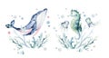 Set of sea animals. Blue watercolor ocean fish, turtle, sea horse whale and coral. Shell aquarium background. Nautical marine hand