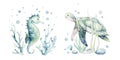 Set of sea animals. Blue watercolor ocean fish, turtle, sea horse whale and coral. Shell aquarium background. Nautical Royalty Free Stock Photo