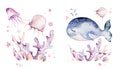 Set of sea animals. Blue watercolor ocean fish, turtle, whale and coral. Shell aquarium background. Nautical marine hand painted