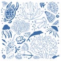 Set of sea animals and corals. Fishes, turtle, shells, dolphin, jellyfishes. Hand drawn vector sketch illustration. Isolated on Royalty Free Stock Photo