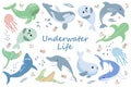 Set of sea animals, cute whales, sharks, rays and jellyfish on a white background . Icons, print for children, decor elements Royalty Free Stock Photo
