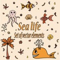 Set of sea animals and elements. Cute aquatic creatures. Royalty Free Stock Photo