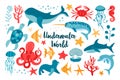 Set of sea animals in flat style hand drawn. Vector clip-art for the design of children`s products. Fish, jellyfish, corals. Royalty Free Stock Photo