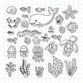 Set of sea animals in hand drawn style. Ocean life. Underwater, under the sea, marine. Stickers