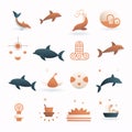 Set of sea animals icons. Vector illustration. Flat design style Royalty Free Stock Photo